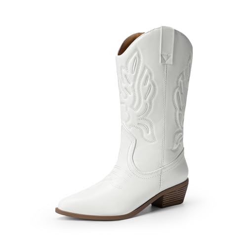 DREAM PAIRS Women's Cowboy Boots Mid Calf Cowgirl Boots Embroidery Stitched Western Boots