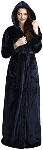 Womens Long Hooded Bathrobe Fleece Full Length Bathrobe with Hood Winter Sleepwear