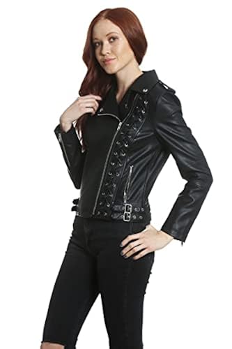 Members Only Women's Vegan Leather Biker Jacket, Black/Chest lace