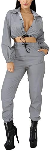 MS Mouse Women 2 Piece Outfits Reflect Light Long Sleeve Button Down Top + Skinny Pants