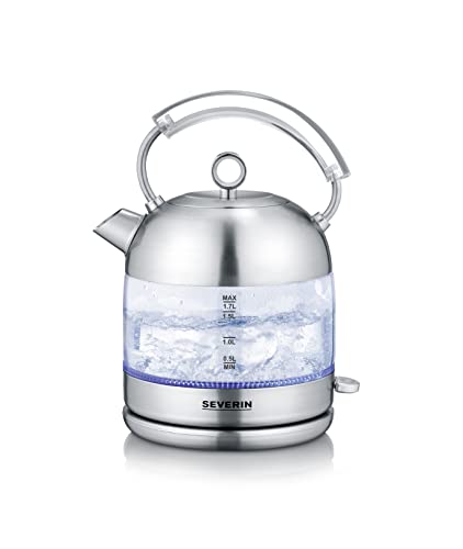 SEVERIN Retro Glass Kettle, XXL Capacity of 1.7 L, Powerful and Compact Kettle in High-Quality Retro Design, Electric Kettle, Glass/Brushed Stainless Steel, WK 3459