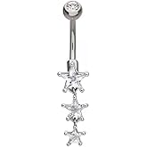 Pierced Owl 14GA 316L Stainless Steel CZ Crystal Triple Star Dangling Belly Button Ring