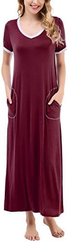 Dromild Women's V-Neck Short Sleeve Sleepwear Nightshirt Full Length Sleep Dress with Pockets