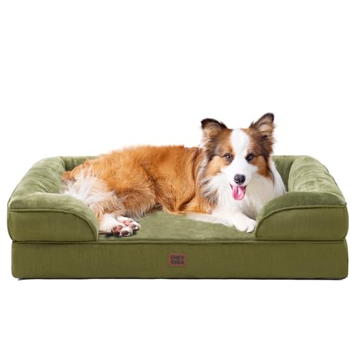 EHEYCIGA Orthopedic Dog Beds for Large Dogs, Waterproof Memory Foam Large Dog Bed with Sides, Non-Slip Bottom and Egg-Crate Foam Pet Couch Bed with Washable Removable Cover, Olive Green