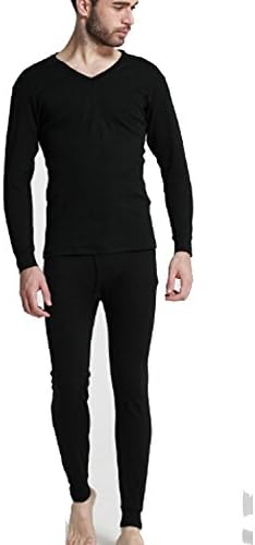 Osave Mens 2 Pc Long John Stretch Top &amp; Bottom Pure Cotton Thermal Underwear Set,Black,XL