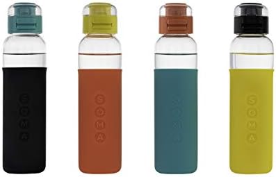 SOMA Glass Water Bottle with Silicone Sleeve, Sport Cap, 17-ounce, Black