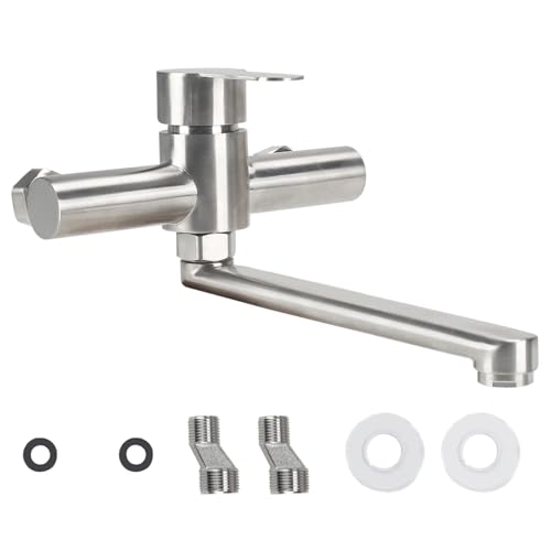 Minnhua Wall Mounted Kitchen Tap Wall Mounted Kitchen Tap with Swivel Spout Universal 25 cm Single Lever Sink Mixer Tap Adjust Hot and Cold Water 304 Stainless Steel
