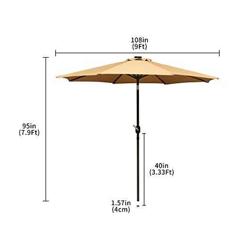 Ainfox 9ft Solar Patio Umbrella with LED Light, Steel Umbrella Ribs Waterproof Prevent Bask in for Garden, Indoor, Outdoor Use Without Base (Brown)