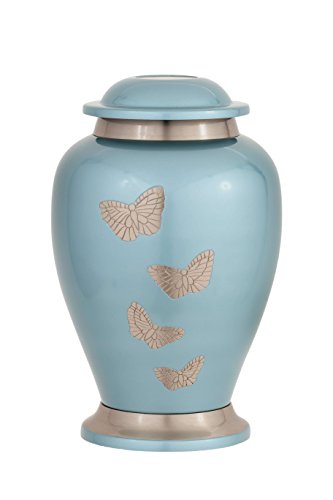 Enshrined Memorials Cremation Urn for Ashes - Apollo Series Affordable Solid Brass Metal Quality Handcrafted for Human Funeral Burial Large 10 inch, Teal with Butterflies (Adult Urn Only) - Thumbnail 5