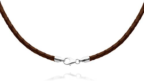 4mm Brown Braided Leather Cord Necklace Choker with Solid 925 Sterling Silver Clasp 18"