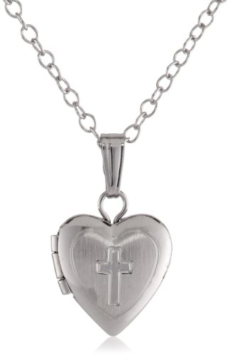 Sterling Silver Children's Hand Engraved Cross Heart Locket Pendant Necklace