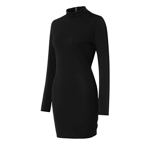 Women's Turtleneck Autumn and Winter Bodycon Tight Slim Mini Dress with Zipper (Black, L)