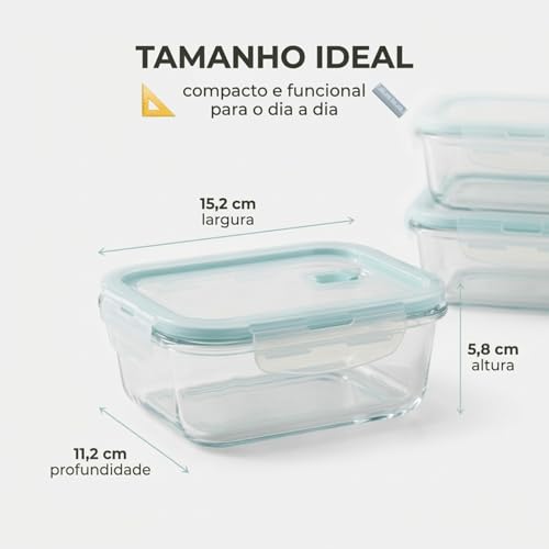 Pote de Vidro Hermético 370ml Retangular Kit 10 Unidades Marmita com Trava Organizador de Alimentos para Geladeira Freezer e Microondas