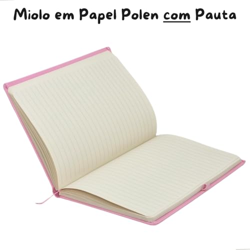 Caderneta A5 Tipo Moleskine Executiva, Capa em Couro Sintético Premium, com Elástico para Fechar, Fita Marca Páginas e Porta Caneta (Rosa com Pauta)