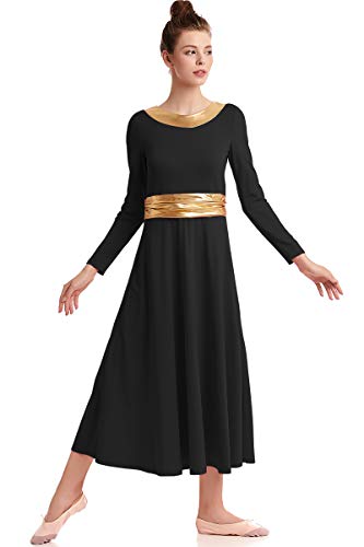 HIHCBF Women Long Sleeve Praise Dress Liturgical Metallic Waistband Full Length Wide Swing Loose Fit Worship Dancewear Black XL - Thumbnail 4