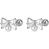 Kokoma 20g Tiny Bow Cartilage Stud Earrings 925 Sterling Silver Pearl Bow Knot Earrings Helix Conch Tragus Earrings Piercing Studs Screw Back Cute Ear Jewelry for Women Christmas
