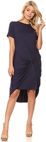 WFFS Womens Round Neck Short Sleeves Knot Front Midi Cocktail Dress(DWMM004) (Large, Navy)