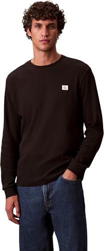 Camiseta de Manga Larga Hombre Waffle Badge tee con Cuello Redondo, Negro (Black), L