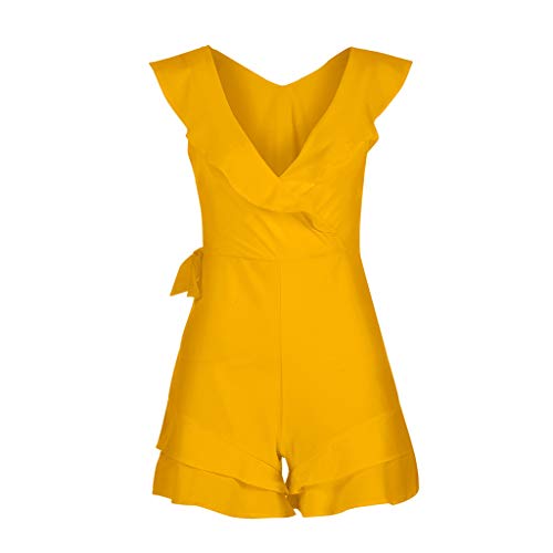 Women's Summer Casual Sexy Solid Short Mini Dress Strap Ruffles Backless Boho Mini Dress Yellow