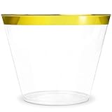 K&uuml;chePro 100 Pack 9oz Gold Rim Clear Plastic Cups - Disposable Plastic Wine Glasses for Parties, Birthdays, Fancy Cups for Kids, Bridal Showers, Fancy Cups for Wedding and Other Holiday Plastic Cups