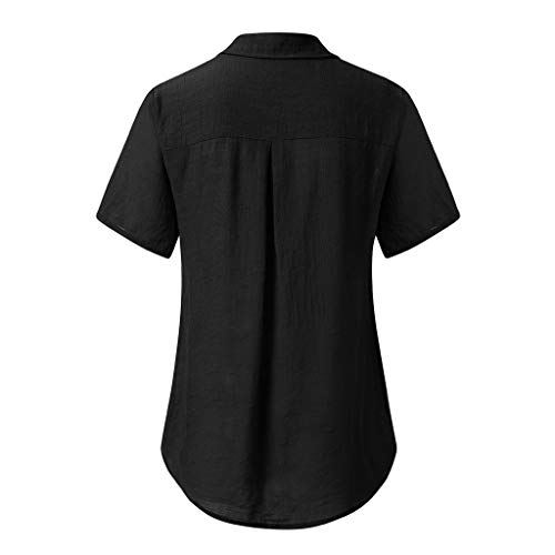 Sunhusing Women's Solid Color V-Neck Casual Button Buckle Short Sleeve Shirt Joker Office T-Shirt Black - Thumbnail 4