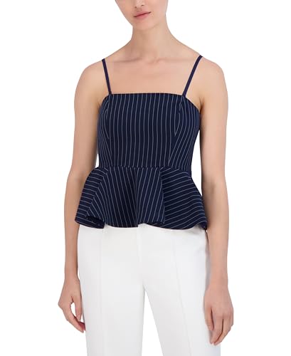 BCBGNY Women's Straight Neck Sleeveless Pinstripe Peplum Top, Pinstripe Blue, 4