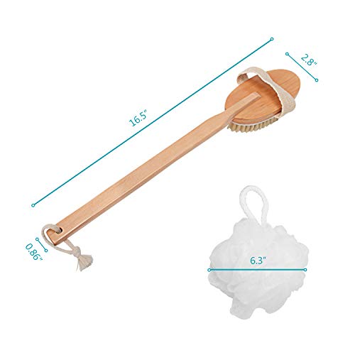 Body Brush for Bath or Shower - Dry or Wet Skin Exfoliating Long Wood Handle Back Scrubber with White Sponge - Thumbnail 7