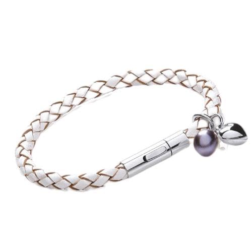 Tribal Steel Women's White Leather Charm Bracelet with Freshwater Pearl - Extra Secure Riveted Lever Clasp