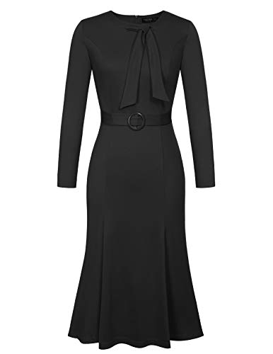 Ladies Classic 60s Pleated Stretchy Semi Formal Midi Dress Black Size M