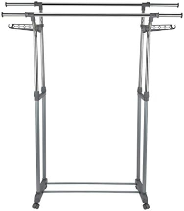 DM Telescopic Wardrobe Garment Height Adjustable Coffee to 2 Reinforced Rails for Boxes with Wheels Chrome Max 30kg (Bar), Double Pordant-2 Barres