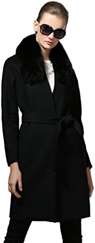 Kokoda Women's Winter 100% Pure Wool Wrap Coat with Fox Fur Lapel M Black