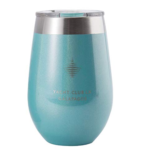 Yacht Club LX 12 oz Insulated Stemless Wine Glass Tumbler, with Velvet Wrapped Pouch, Galapagos Sea Blue
