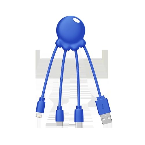 Xoopar Octopus - Cavo USB multiplo 4 in 1 a forma di polpo - Caricatore universale in plastica riciclata - Presa USB-C, Ligthning, USB-A, Micro USB per Smartphone - Blu
