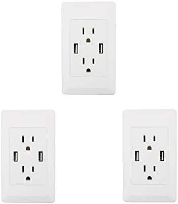 3PK YOPI 2A High Speed Dual USB Phone Pad Charger with 15A Wall Receptacle 2 Outlets Band Panel Faceplate White ETL Listed