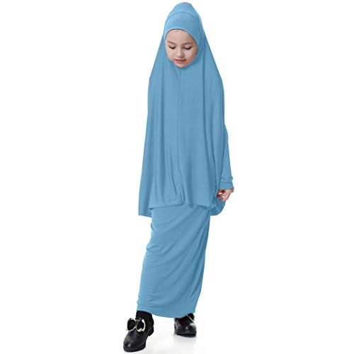 5-9T Muslim Kids Girls Batwing Sleeve Dresses Tops Solid Traditional Abaya Tunic Long Dress 2pcs Outfits Set (Sky blue, 9T / XL) - Thumbnail 7