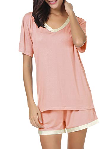 Invug Women Short Sleeve T Shirt and Shorts Pajamas Sleepwear Set Loungewear Pink L - Thumbnail 3