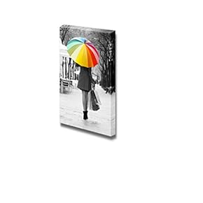 Canvas Prints Wall Art - Rear View of Woman with Purchases and Umbrella at Street | Modern Wall Decor/Home Decoration Stretched Gallery Canvas Wrap Giclee Print. Ready to Hang - 12" x 18"