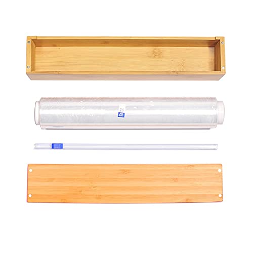 Plastic Wrap Dispenser, Bamboo Wood Cling Food Wrap Dispenser, with Slide Cutter & A Roll of 11.