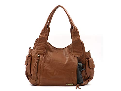 Concealed Carry Womens Satchel Shoulder Bag Ultra Soft Washed Leather Handbags Ladies Roomy Hobo Bag with Detachable Holster SW MWC-G019BR