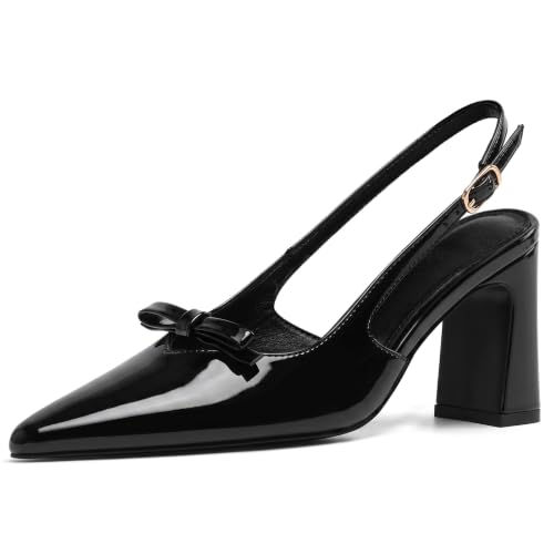 Mattiventon Black Block Heels with Bow Closed Toe Slingback Heels at Amazon