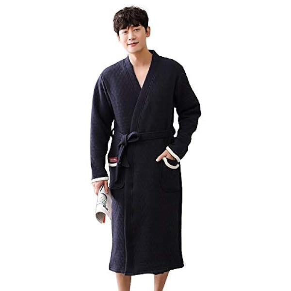 メンズナイトガウン 綿パッド入りロングパジャマ 春と秋の薄いキルトバスローブ ワンピース