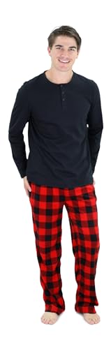 Cherokee Men's Pajama Set, Long Sleeve Cotton Top & Micro Fleece Pants, Breathable Cozy Loungewear, Red Buffalo, X-Large at Amazon