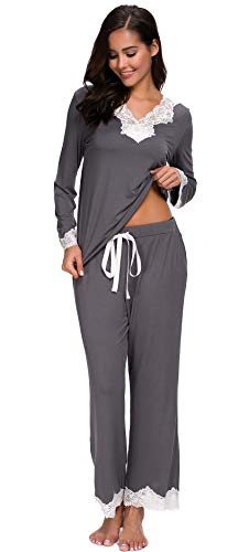 Jusfitsu Womens Cotton Pajamas Set Long Sleeve Top Shirt with Pants Sleepwear Modal Soft Loungewear Lace Grey M - Thumbnail 2