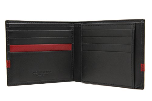 Genuine Calf Leather Black & Red Bi-fold Wallet Quinn Flip ID with Gift Box (53-27)