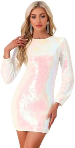 sparkly long sleeve round neck sequin mini dress - white Formal Sparkle Long Sleeve Sequin Mini Dress White