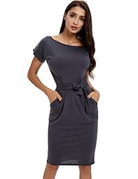 Payeel - Vestido de oficina con cuello redondo, bolsillos para vestido con cinturón