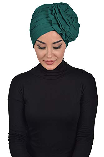 Instant Turban Cotton Scarf Head Wrap Cancer Chemo Headwear Rose Detail D Green