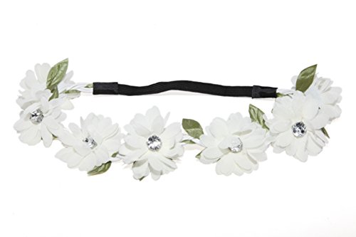 Lux Accessories Full Bloom Cream White Stretch Flower Green Leaf Coachella Floral Headband