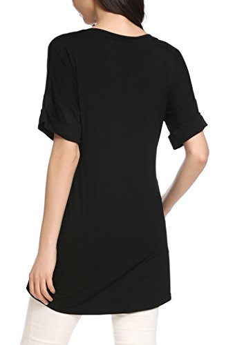 Locryz Women's Casual Basic V Neck T-Shirt Roll Over Short Sleeve Solid Comfy Tee Blouse Tops(L, Black)