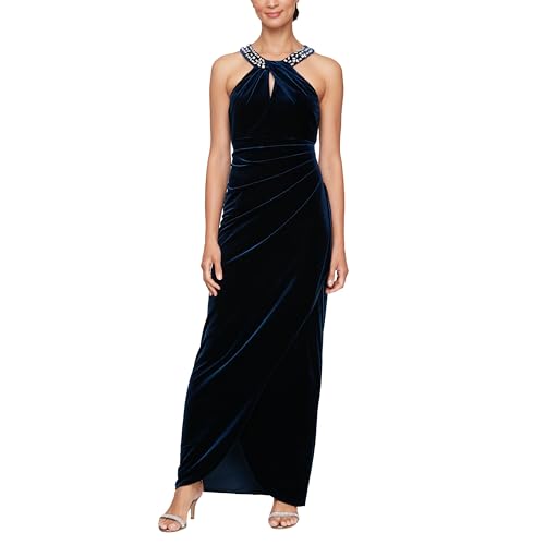 S.L. Fashions Women's Long Velvet Cocktail Dress with Embellished Halter Neckli…